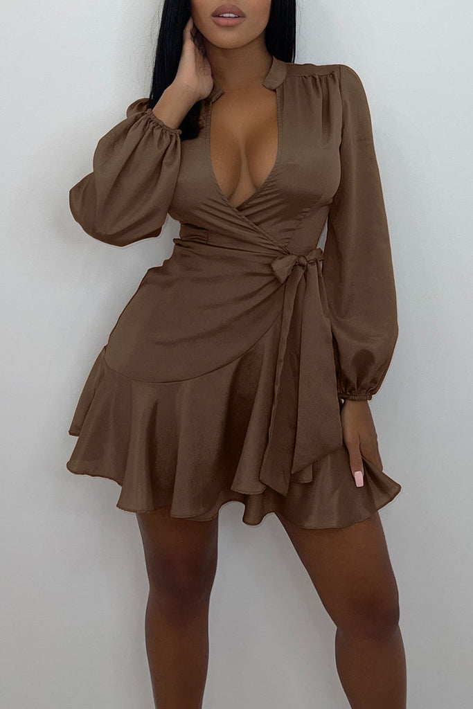 Goosudu Casual Solid Bandage Patchwork Flounce V Neck One Step Skirt Dresses