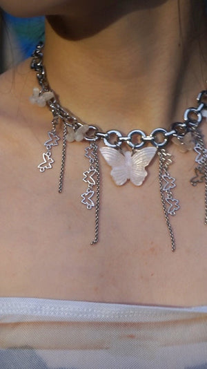 Goosudu Pink Butterfly Tassel Choker Necklace