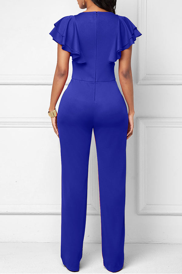 Goosudu Casual Fashion Layered Ruffle Sleeve V-Neck Jumpsuit