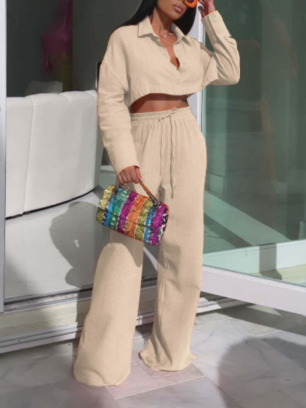 Goosudu Solid Cropped Shirt & Wide-Leg Pants Set