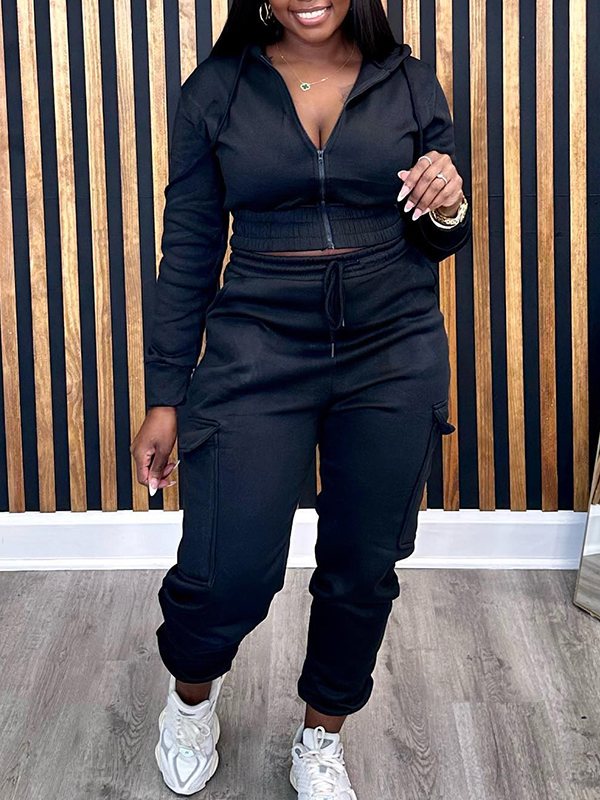 Goosudu Solid Zip-Front Hoodie & Cargo Pants Set