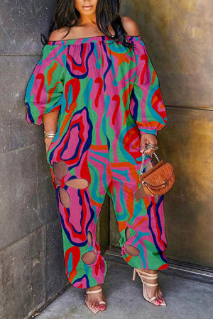 Goosudu Plus Size Sexy Street Print Hollowed Out Cut Out Off the Shoulder Plus Size Jumpsuits