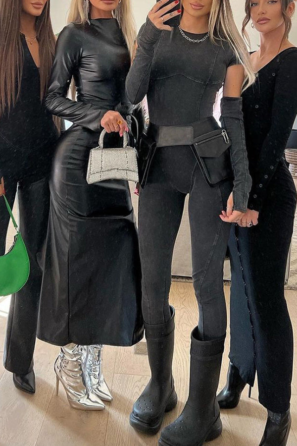 Goosudu Sexy Detachable Sleeve Skinny Stretch Crewneck Denim Jumpsuit