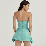 Goosudu Glamorous Satin Asymmetrical Ruched Strapless Corset Party Mini Dress - Aquamarine