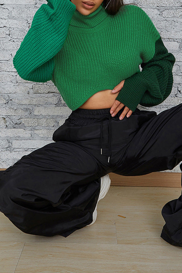 Goosudu Fashion Stitchinf Sleeve High Neck Long Sleeve Short Sweater