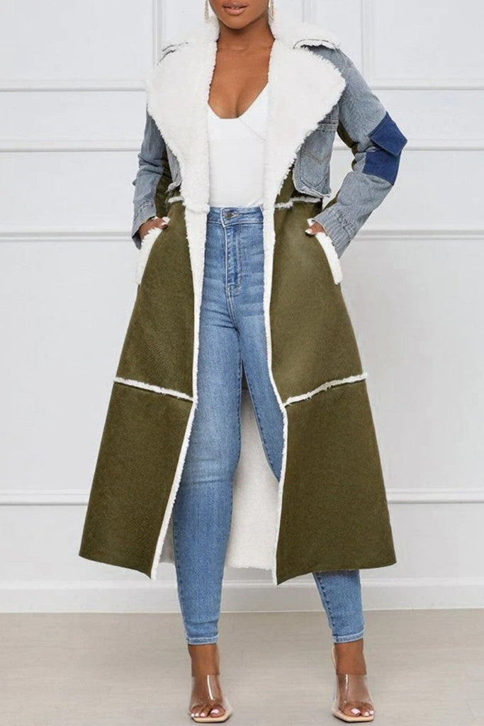 Goosudu Casual Patchwork Cardigan Turndown Collar Long Sleeve Regular Denim Jacket