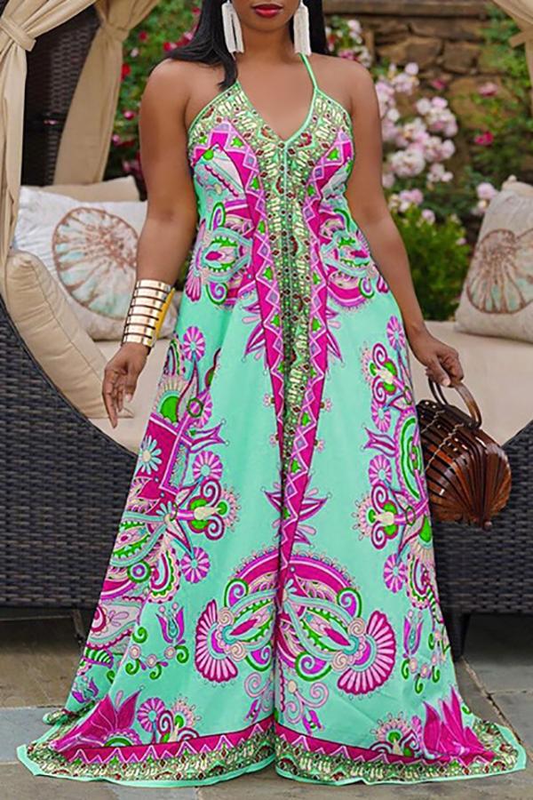 Goosudu Plus Size Fashion Print Halter Backless Loose Jumpsuit