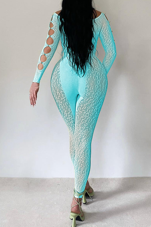 Goosudu Sexy Off Shoulder Sheer Leopard Print Pearl Buckle Chest Cutout Jumpsuits