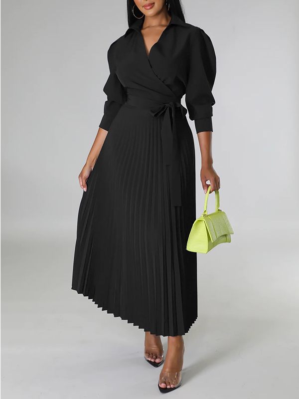 Goosudu Solid Pleated Shirt Dress