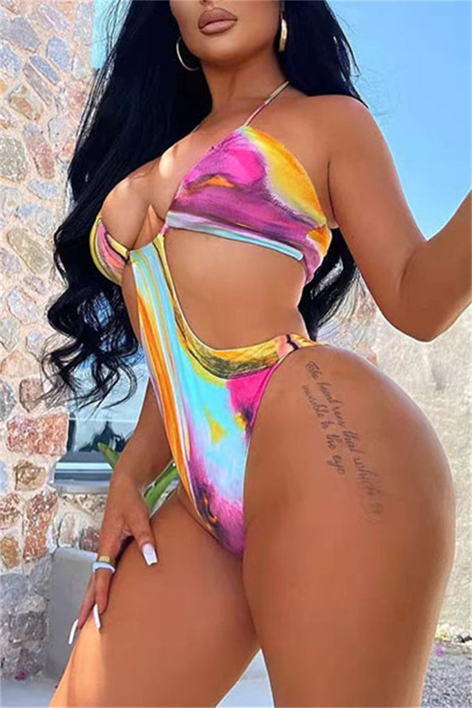 Goosudu Fashion Sexy Patchwork Print Bandage Backless Swimwears Set