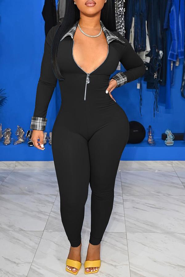 Goosudu Polo Neck Plaid Stitiching Zipper Jumpsuit