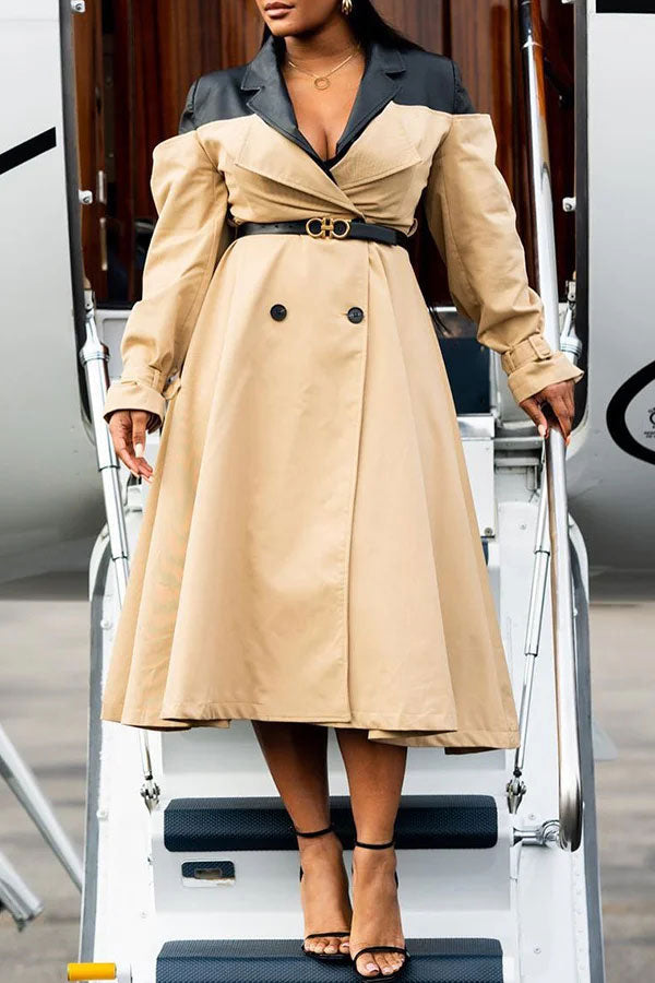 Goosudu Hit Color PU Patchwork Unique Belted Trench Coat