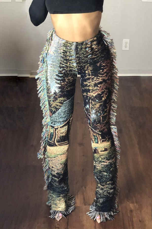 Goosudu Fashion Casual Regular Print Fringe Edge Pants