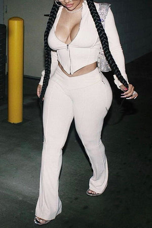 Goosudu Casual Solid Asymmetrical Zipper Collar Long Sleeve Two Pieces