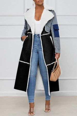 Goosudu Casual Patchwork Cardigan Turndown Collar Long Sleeve Regular Denim Jacket