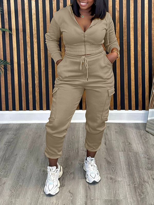 Goosudu Solid Zip-Front Hoodie & Cargo Jogger Pants set