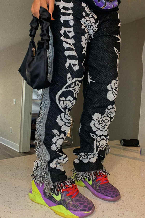 Goosudu Fashion Casual Regular Print Fringe Edge Pants