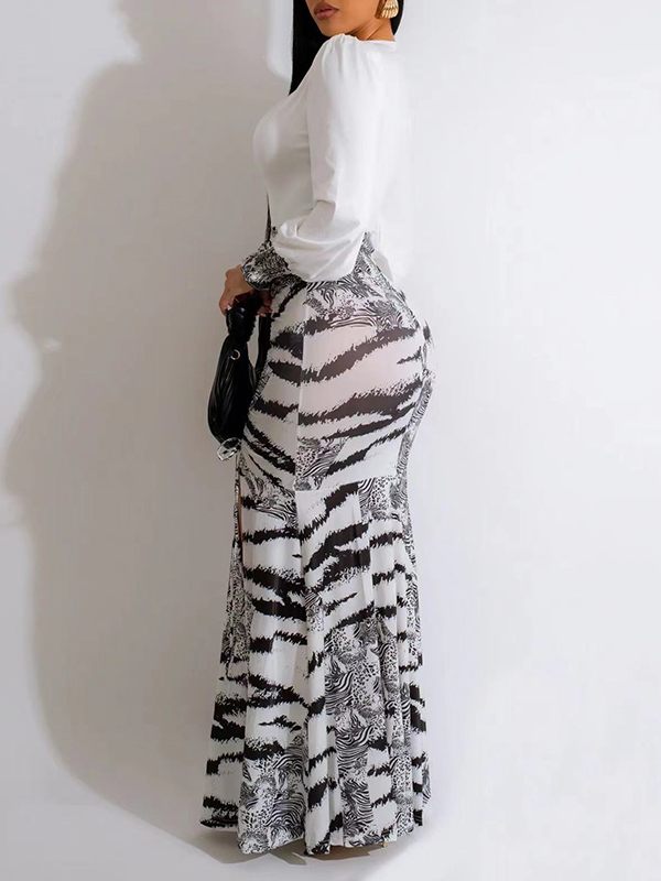 Goosudu Printed-Combo V-Neck Slit Dress