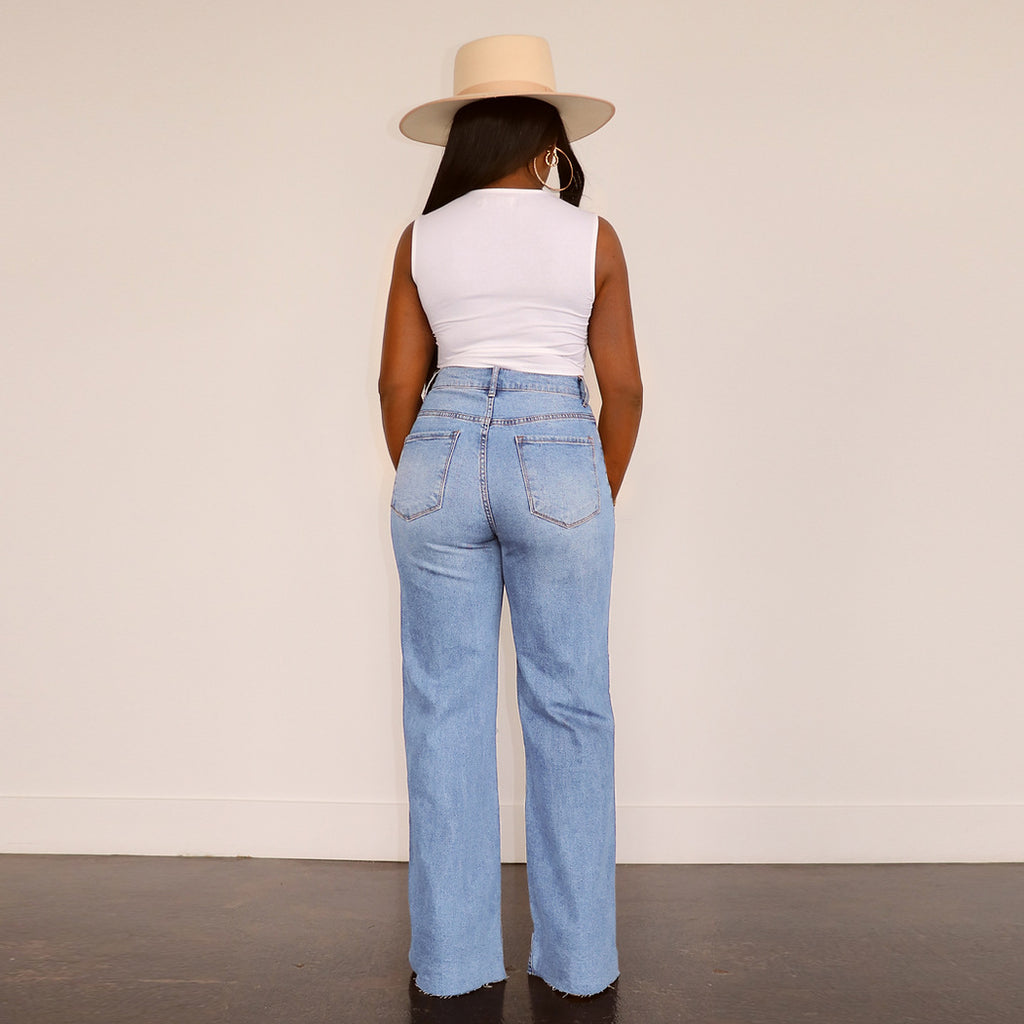 Goosudu Women's Ripped Straight Jeans Casual Loose Denim Long Pant