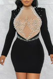 Goosudu Fashion Sexy Patchwork Hot Drilling See-through Pearl O Neck Long Sleeve Dresses