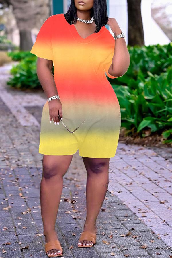 Goosudu Gradient V-neck Short Sleeve Pocket Romper