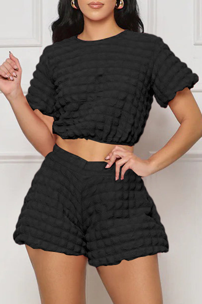 Goosudu Casual Solid Basic O Neck Short Sleeve Two Pieces