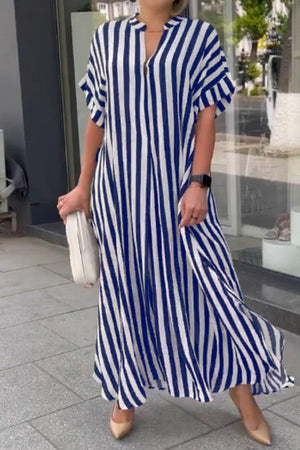 Goosudu Casual Striped Print Patchwork V Neck Long Dress Dresses
