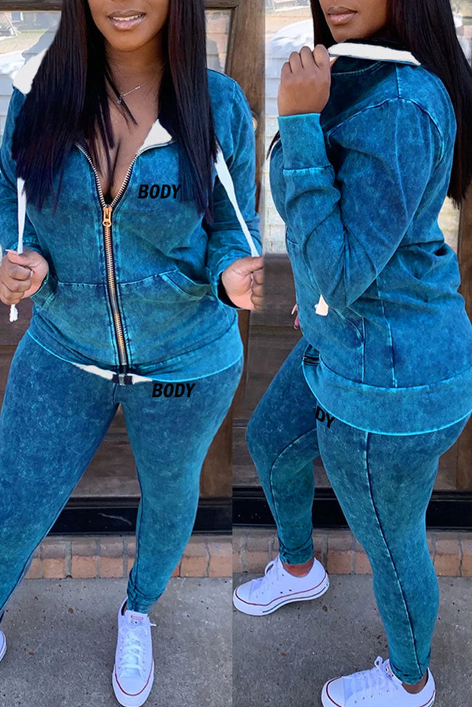 Goosudu Casual Print Split Joint Zipper Hooded Collar Long Sleeve Two Pieces