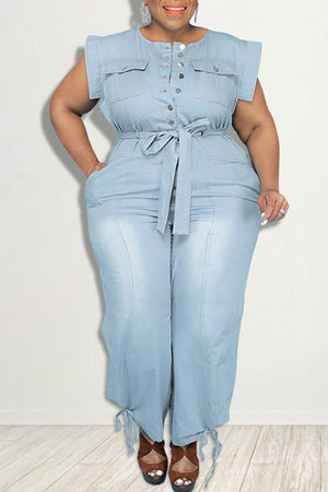 Goosudu Plus Size Washed Denim Cap Sleeve Pocket Belt Jumpsuit