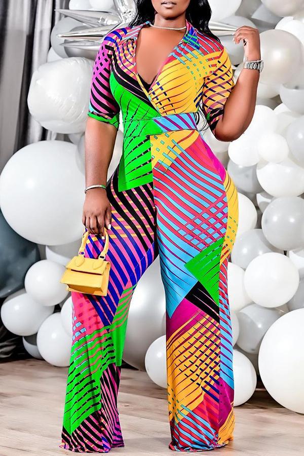 Goosudu Polo Neck Fashion Print Short Sleeve Jumpsuit