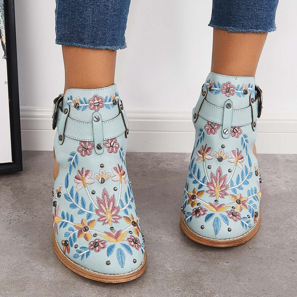 Goosudu Vintage Floral Embroidery Round Toe Ankle Boots