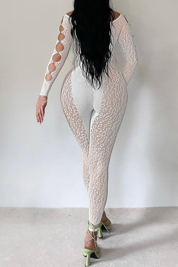 Goosudu Sexy Off Shoulder Sheer Leopard Print Pearl Buckle Chest Cutout Jumpsuits