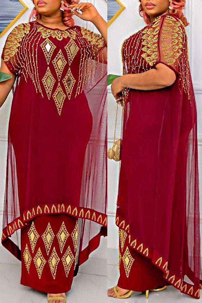 Goosudu Celebrities Solid Patchwork Hot Drill O Neck Long Dress Plus Size Two Pieces