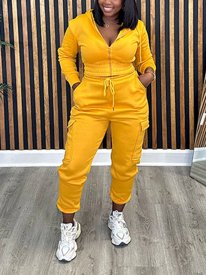 Goosudu Solid Zip-Front Hoodie & Cargo Jogger Pants set