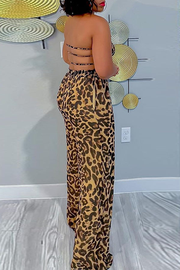 Goosudu Fashion Sexy Leopard Print Stitching Wide Leg Jumpsuit