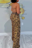 Goosudu Fashion Sexy Leopard Print Stitching Wide Leg Jumpsuit