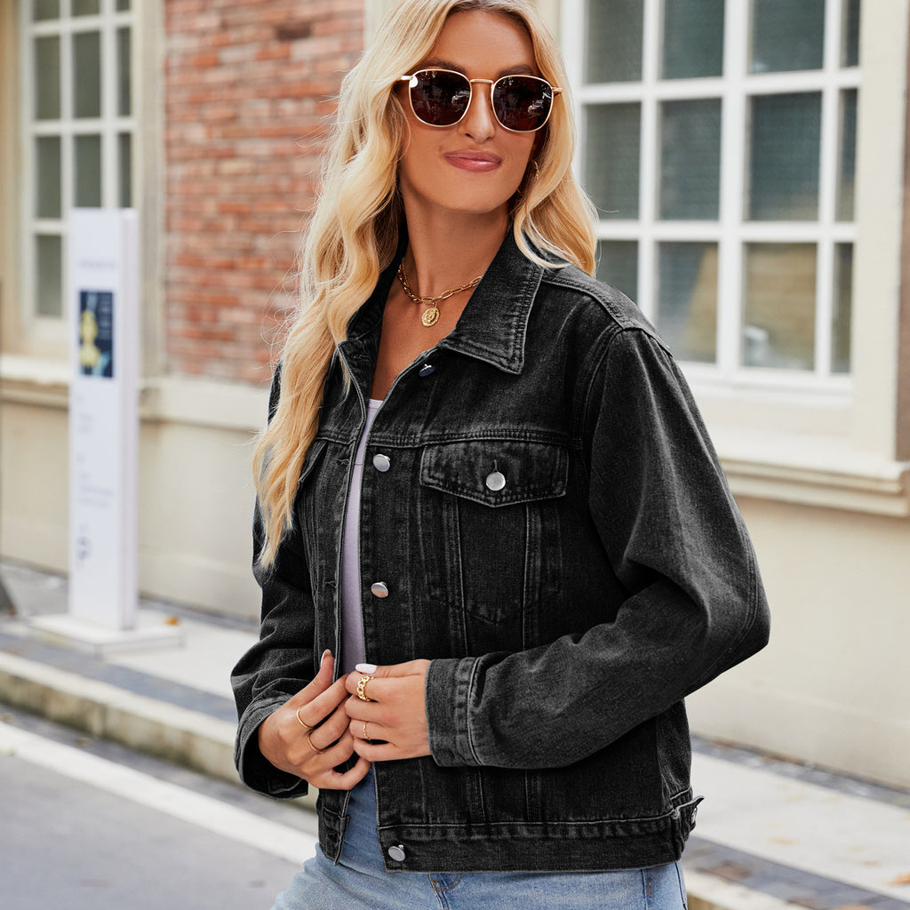 Goosudu Women's Cowgirl Denim Jacket Coat Solid Color Basic Denim West Jacket