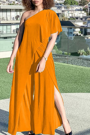 Goosudu Fashion Layered Slanted Shoulder Slit Jumpsuit