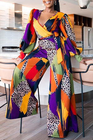 Goosudu Plus Size Leopard Colorblock Lantern Sleeve Tie Jumpsuit