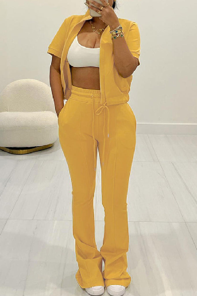 Goosudu Casual Solid Patchwork Zipper Collar Short Sleeve Two Pieces