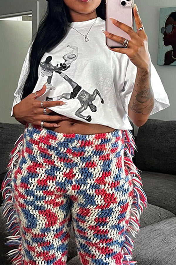 Goosudu Color Block Cute Side Tassel Knitted Pants