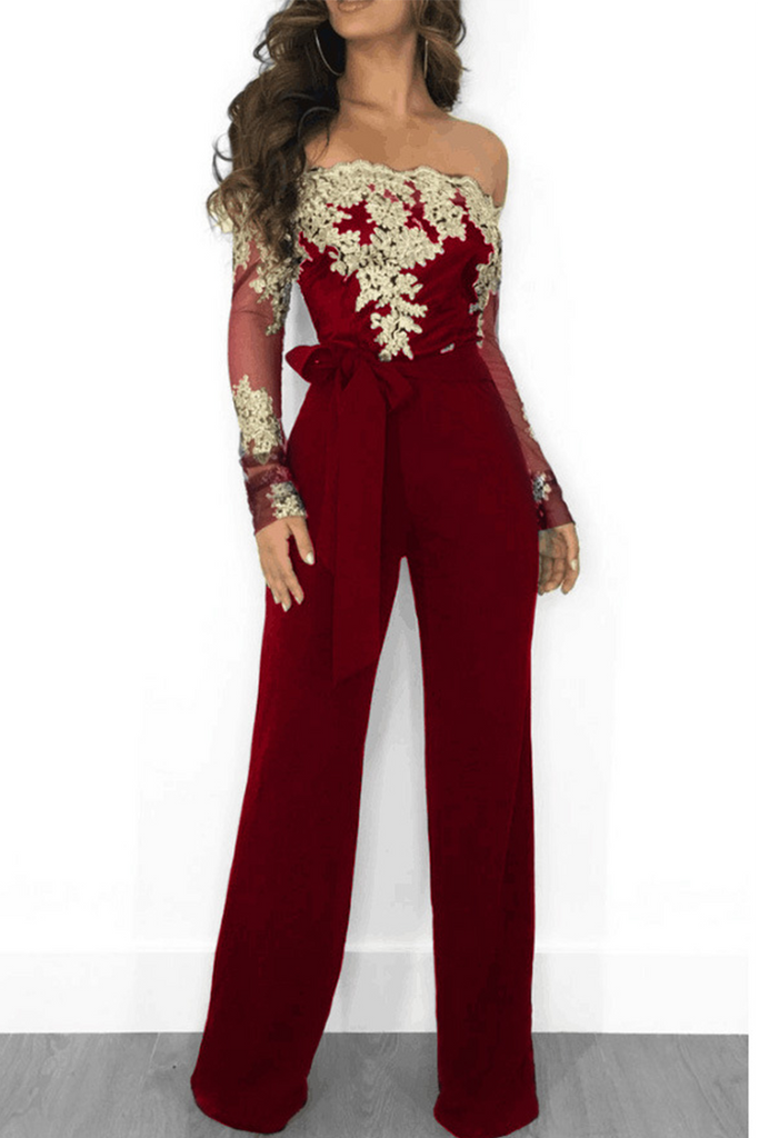 Goosudu Sexy Solid Lace Off the Shoulder Boot Cut Jumpsuits