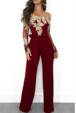 Goosudu Sexy Solid Lace Off the Shoulder Boot Cut Jumpsuits