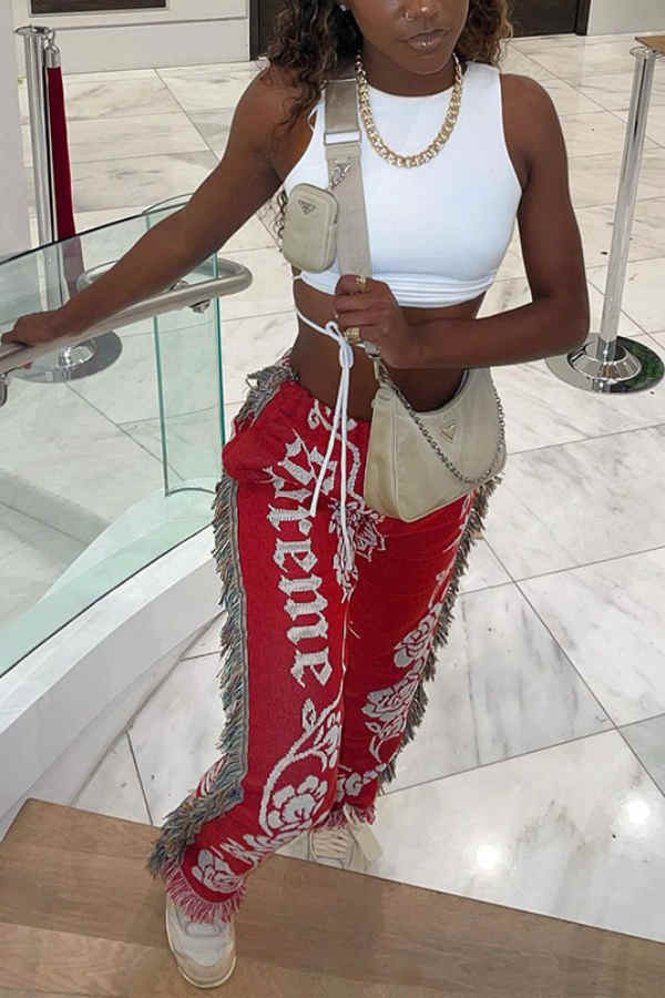 Goosudu Fashion Casual Regular Print Fringe Edge Pants