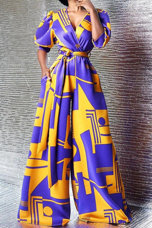 Goosudu Contrasting Abstract Geometric Print High-rise V-neck Wide-leg Jumpsuit