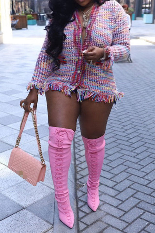 Goosudu Rainbow Gradient Sweet Tassel Knitted Coat