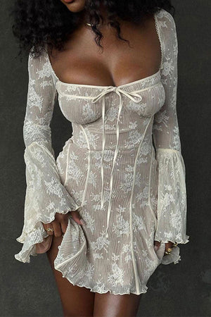 Goosudu Patchwork Lace Girly Trumpet Sleeve Mini Dress