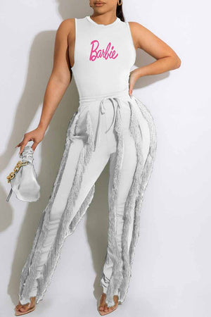 Goosudu Casual Street Print Tassel Letter O Neck Sleeveless Two Pieces