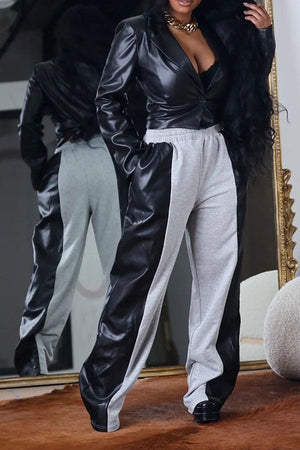 Goosudu PU Patchwork Versatile Color Block Pants