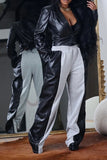 Goosudu PU Patchwork Versatile Color Block Pants